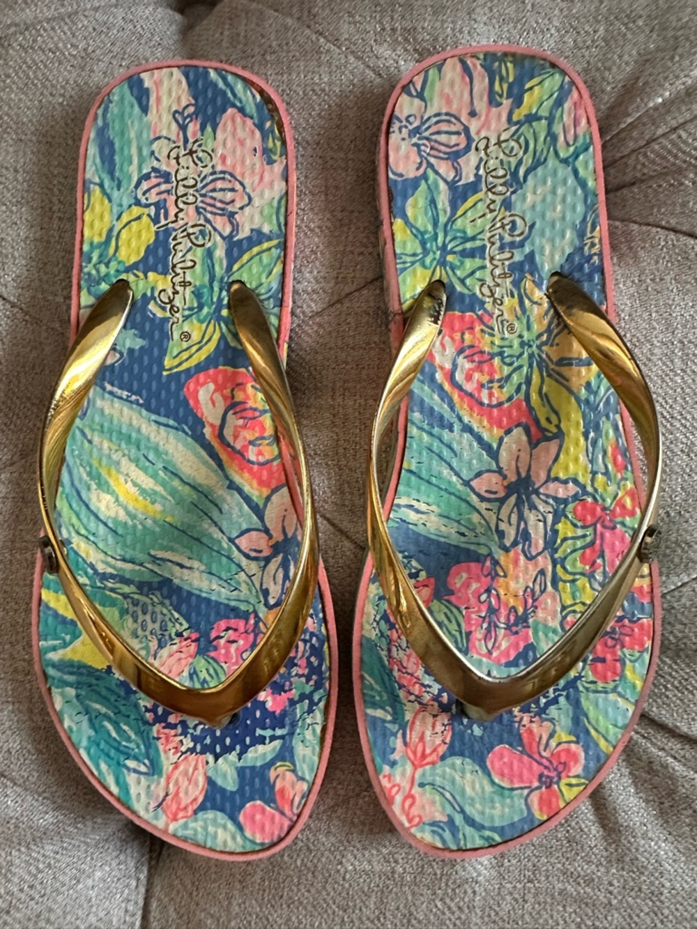 Lilly Pulitzer Floral Flip Flop Sandals with Gold Straps - Blue/Pink/Yellow